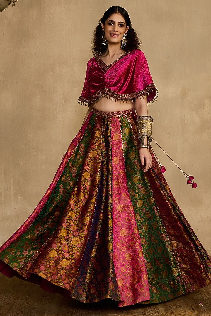 Multi-Colored Khadi Silk Flared Wedding Lehenga Set by Reeti Arneja at Pernia's Pop Up Shop