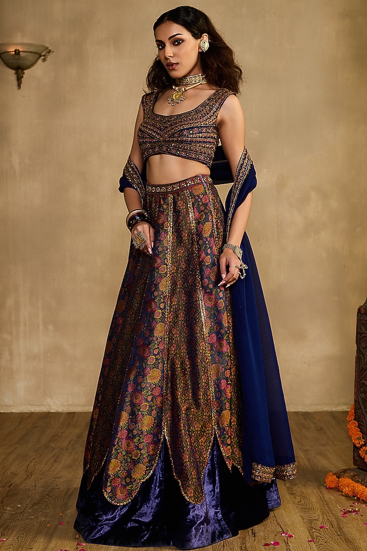 Midnight Blue Silk Velvet Scalloped Wedding Lehenga Set by Reeti Arneja at Pernia's Pop Up Shop