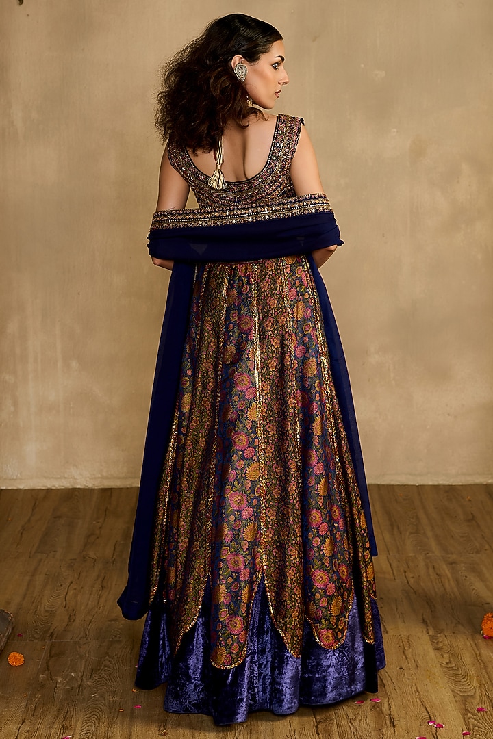 Midnight Blue Silk Velvet Patch Work Wedding Lehenga Set by Reeti Arneja at Pernia's Pop Up Shop
