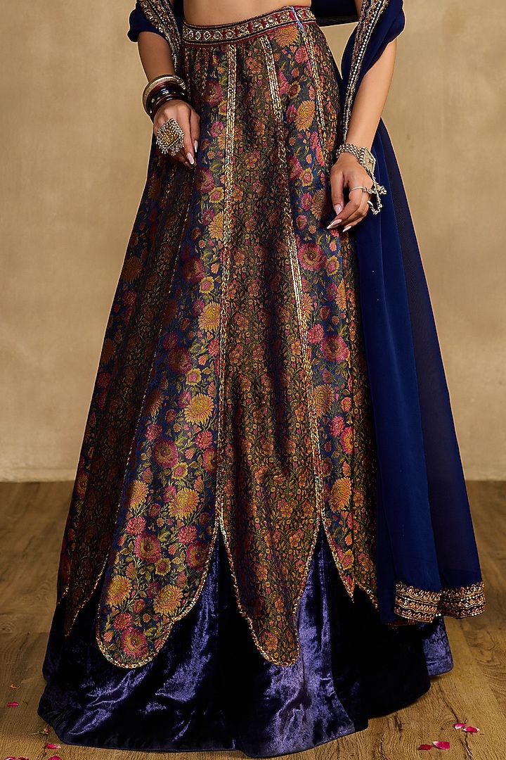 Midnight Blue Silk Velvet Patch Work Wedding Lehenga Set by Reeti Arneja at Pernia's Pop Up Shop