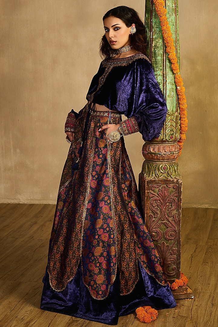 Midnight Blue Khadi Silk Scalloped Applique Wedding Lehenga Set by Reeti Arneja at Pernia's Pop Up Shop