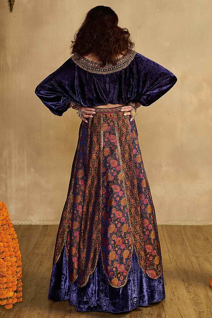Midnight Blue Khadi Silk Flared Wedding Lehenga Set by Reeti Arneja at Pernia's Pop Up Shop