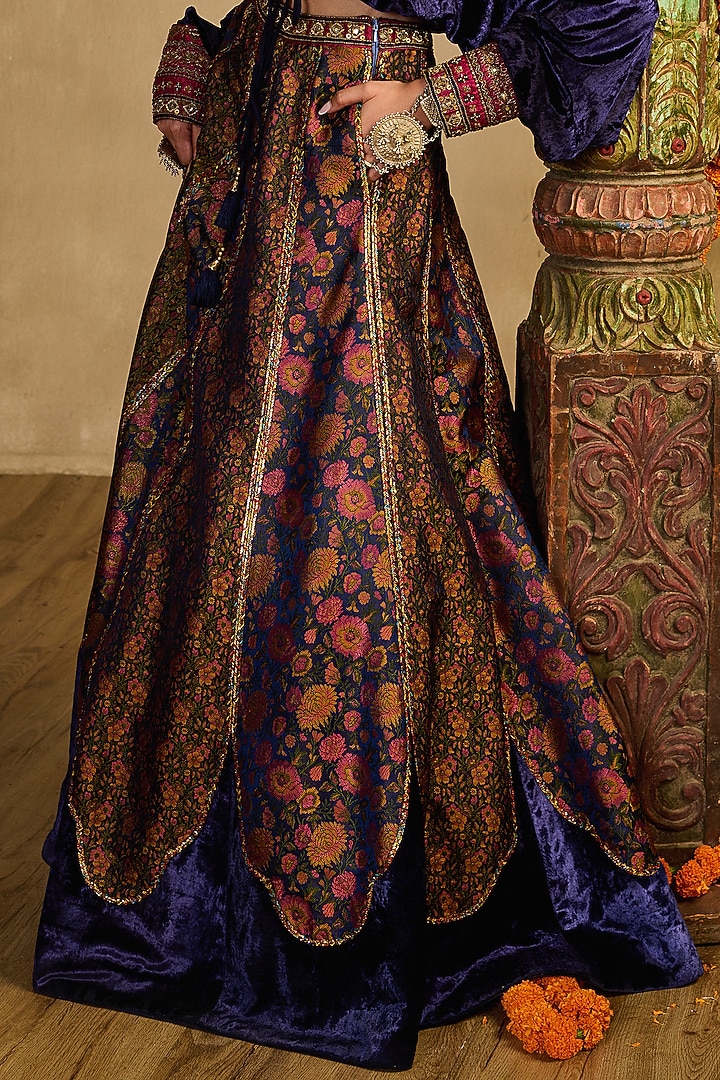 Midnight Blue Khadi Silk Flared Wedding Lehenga Set by Reeti Arneja at Pernia's Pop Up Shop
