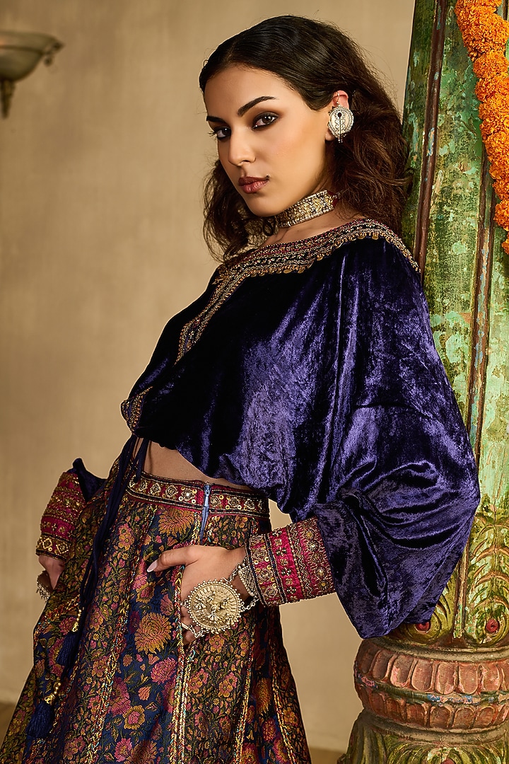 Midnight Blue Khadi Silk Flared Wedding Lehenga Set by Reeti Arneja at Pernia's Pop Up Shop