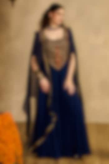 Midnight Blue Fluid Georgette Jumpsuit With Cape by Reeti Arneja at Pernia's Pop Up Shop