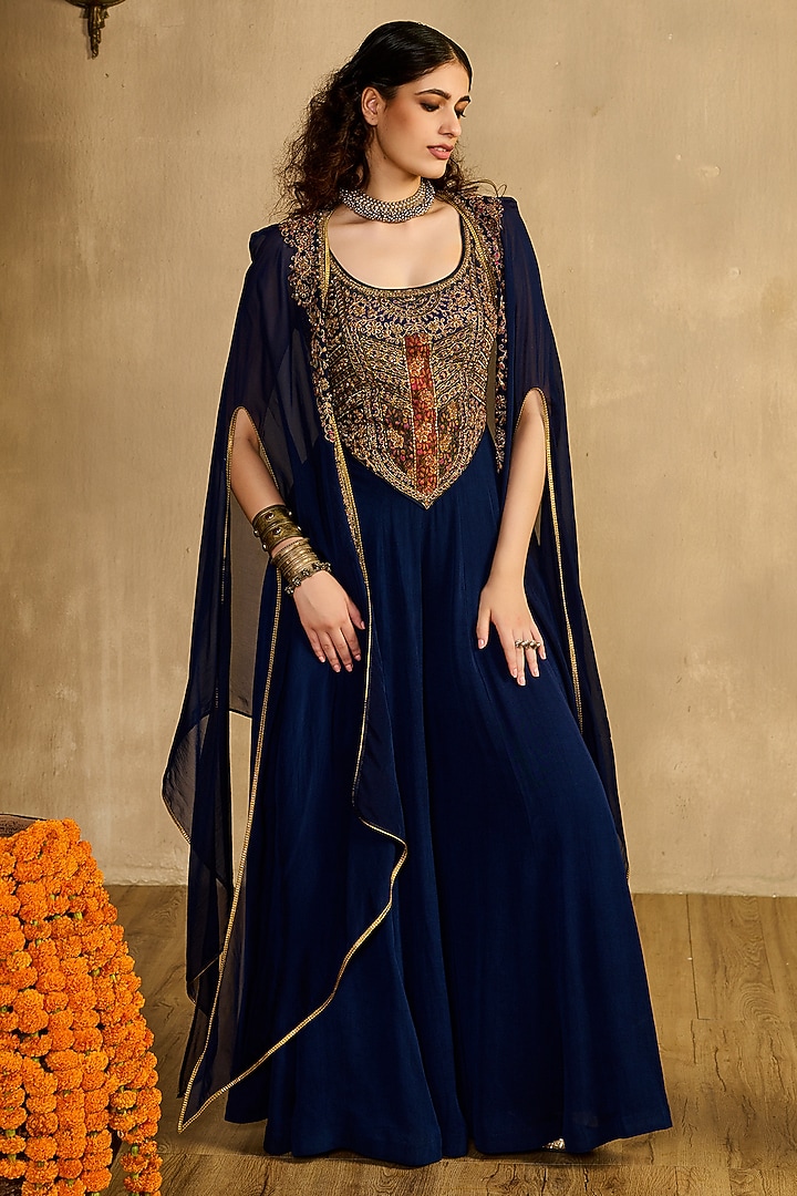 Midnight Blue Fluid Georgette Jumpsuit With Cape by Reeti Arneja at Pernia's Pop Up Shop