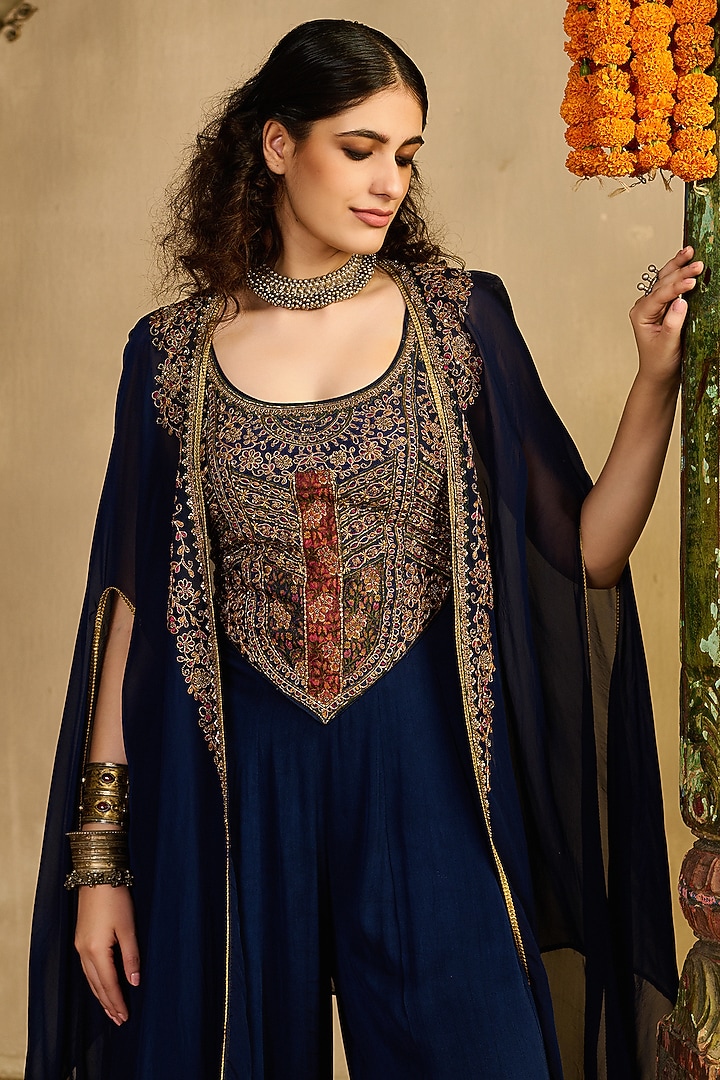 Midnight Blue Georgette Jumpsuit With Cape by Reeti Arneja at Pernia's Pop Up Shop