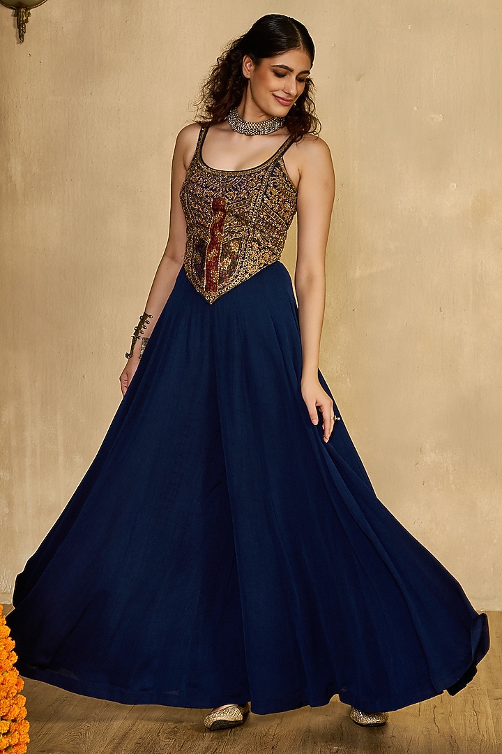 Midnight Blue Georgette Jumpsuit With Cape by Reeti Arneja at Pernia's Pop Up Shop