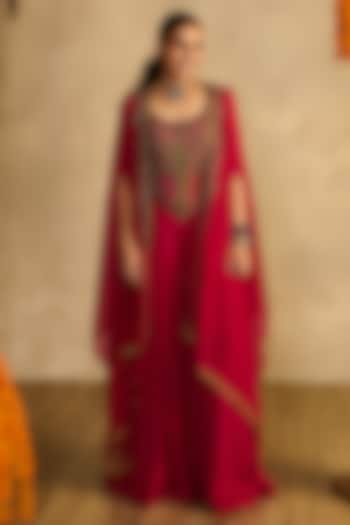 Rani Pink Fluid Georgette Jumpsuit With Cape by Reeti Arneja at Pernia's Pop Up Shop