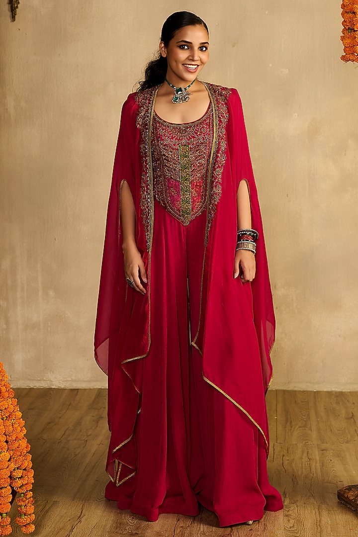 Rani Pink Fluid Georgette Jumpsuit With Cape by Reeti Arneja at Pernia's Pop Up Shop