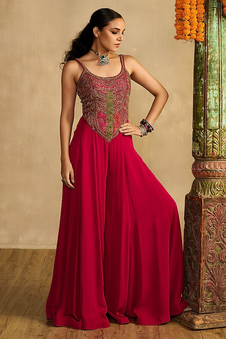 Rani Pink Georgette Jumpsuit With Cape by Reeti Arneja at Pernia's Pop Up Shop
