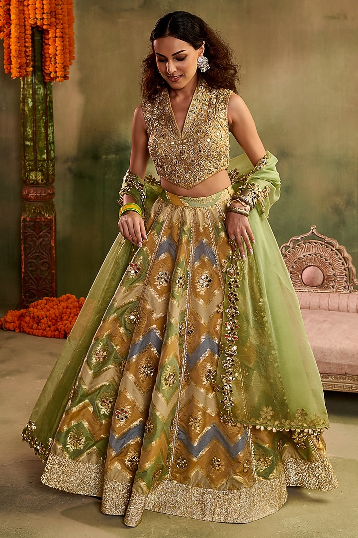 Multi-Colored Chanderi Banarasi Wedding Lehenga Set by Reeti Arneja at Pernia's Pop Up Shop