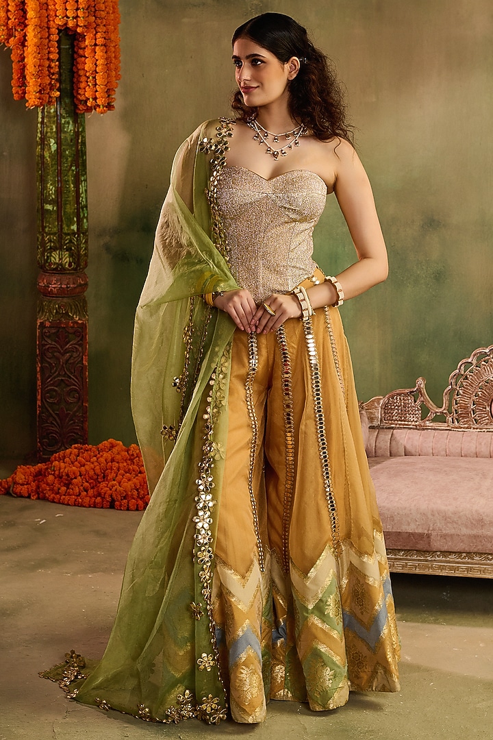 Yellow Chanderi Banarasi Wedding Sharara Set by Reeti Arneja at Pernia's Pop Up Shop