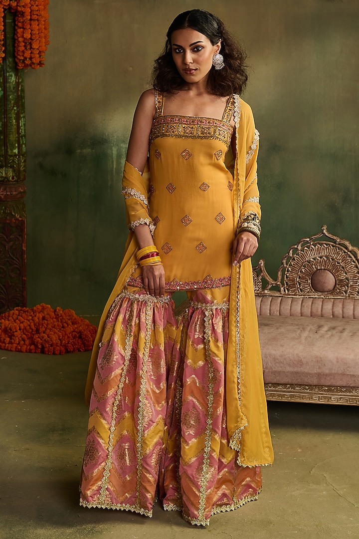 Yellow Chanderi Banarasi Wedding Sharara Set by Reeti Arneja at Pernia's Pop Up Shop