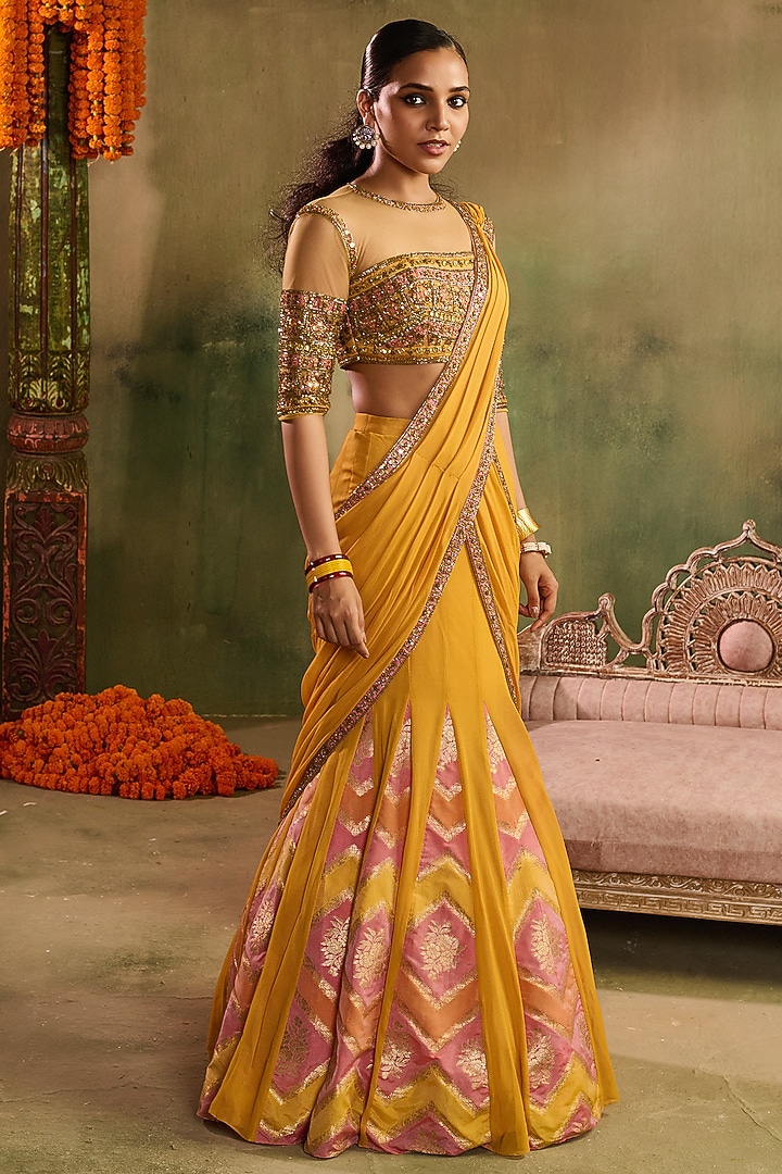 Yellow Georgette Banjara Embroidered Floral Kalidar Wedding Lehenga Set by Reeti Arneja at Pernia's Pop Up Shop