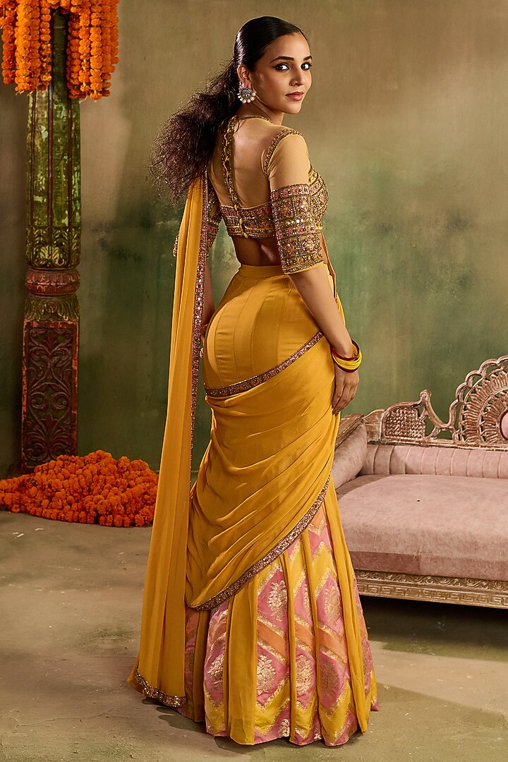 Haldi Yellow Chanderi Banarasi Banjara Embroidered Wedding Lehenga Set by Reeti Arneja at Pernia's Pop Up Shop