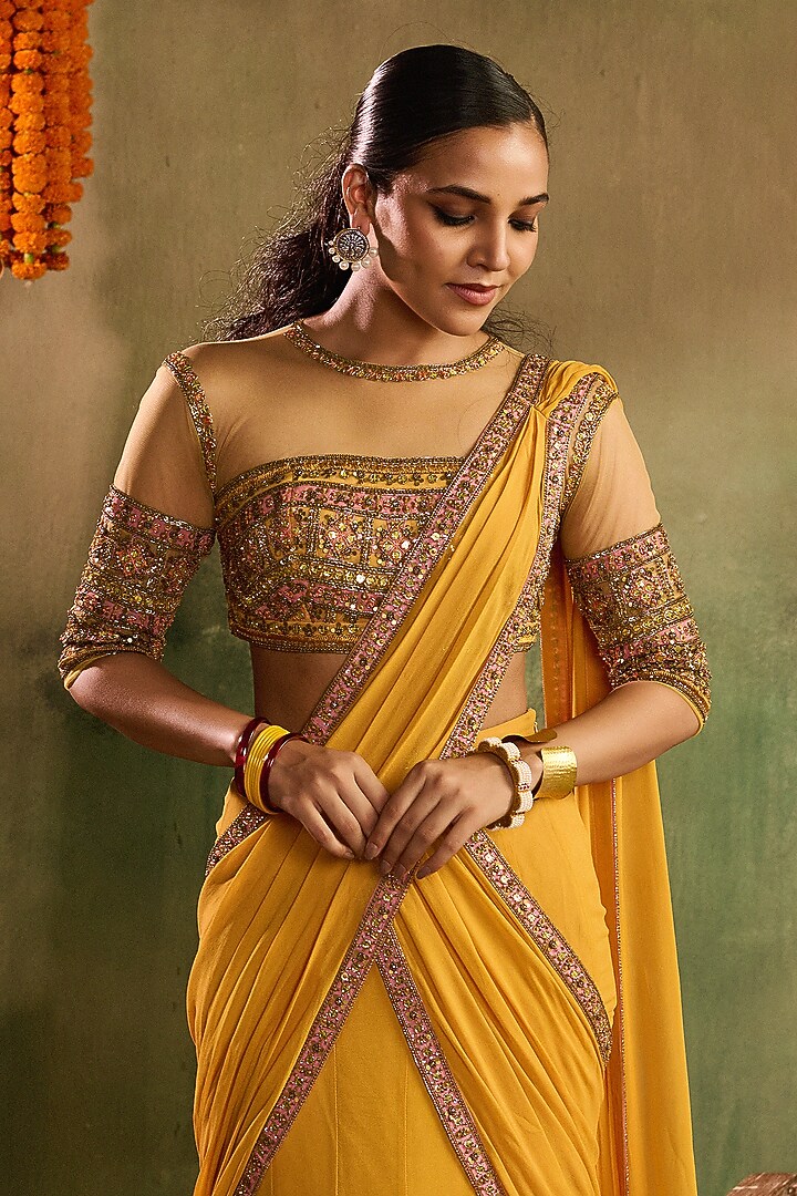 Haldi Yellow Chanderi Banarasi Banjara Embroidered Wedding Lehenga Set by Reeti Arneja at Pernia's Pop Up Shop