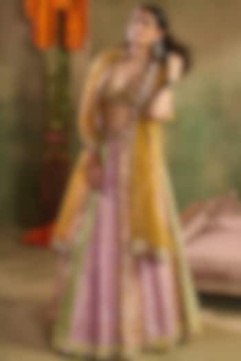 Multi-Colored Chanderi Banarasi Scalloped Cutwork Wedding Lehenga Set by Reeti Arneja at Pernia's Pop Up Shop