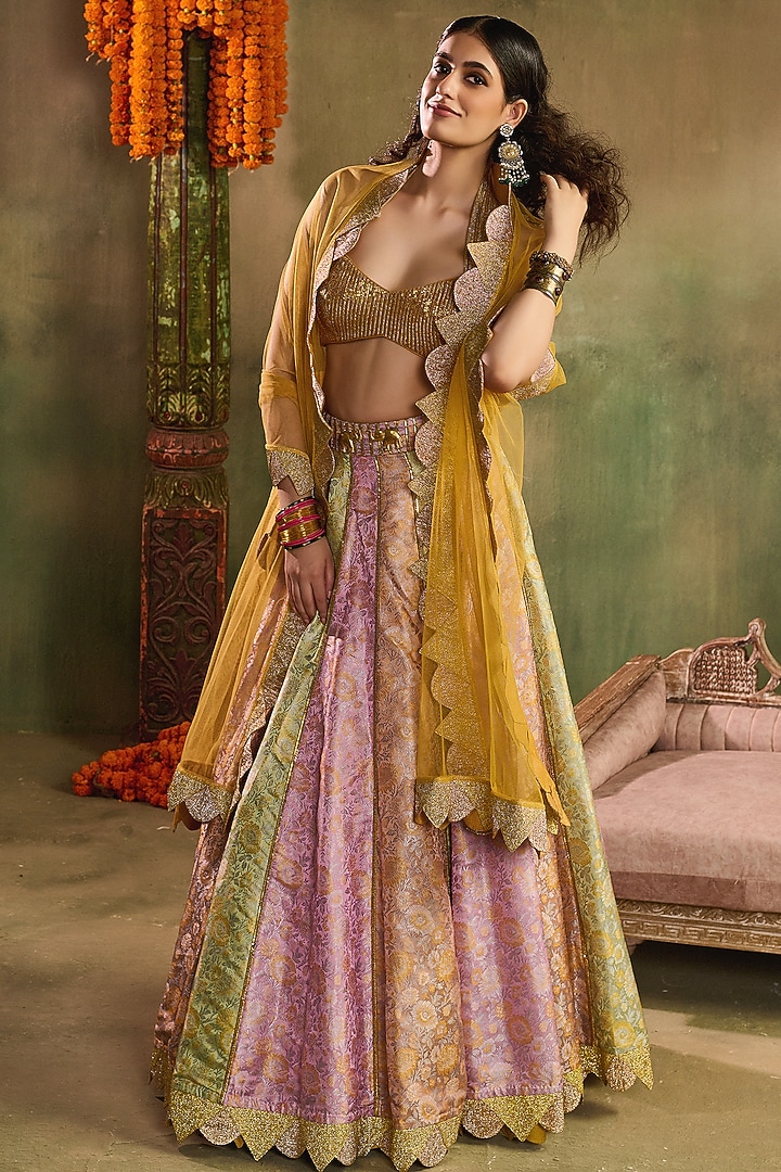 Multi-Colored Chanderi Banarasi Scalloped Cutwork Wedding Lehenga Set by Reeti Arneja at Pernia's Pop Up Shop