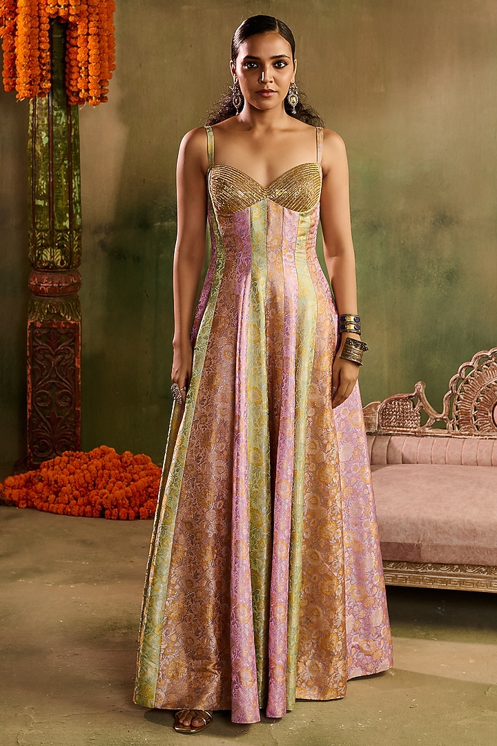 Multi-Colored Banarasi Silk Kalidar Party Wear Gown by Reeti Arneja at Pernia's Pop Up Shop