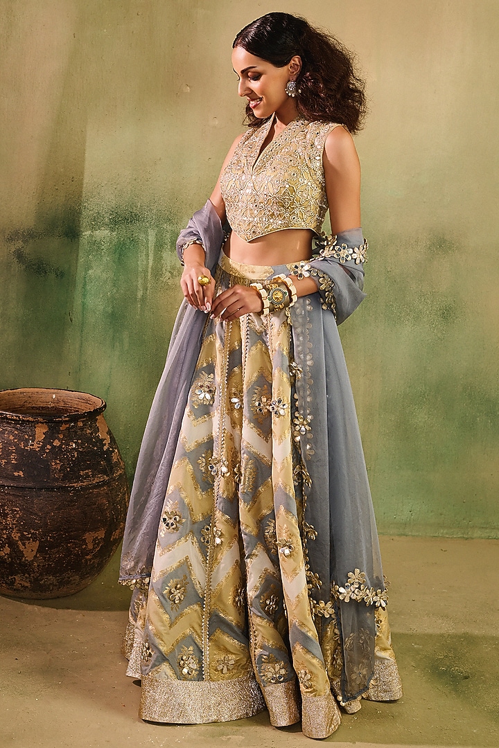 Multi-Colored Chanderi Banarasi Wedding Lehenga Set by Reeti Arneja at Pernia's Pop Up Shop