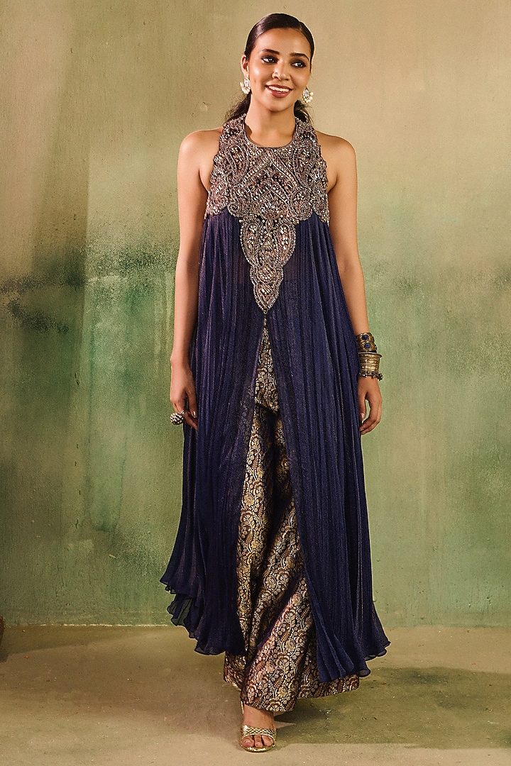 Midnight Blue Shimmer Cotton Net Embroidered Halter Kurta Set by Reeti Arneja at Pernia's Pop Up Shop