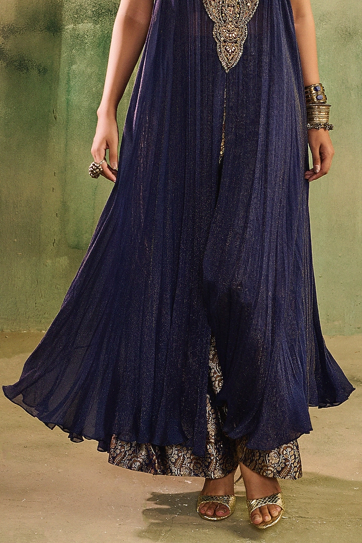 Navy Blue Shimmer Cotton Net Zardosi Embroidered Kurta Set by Reeti Arneja at Pernia's Pop Up Shop