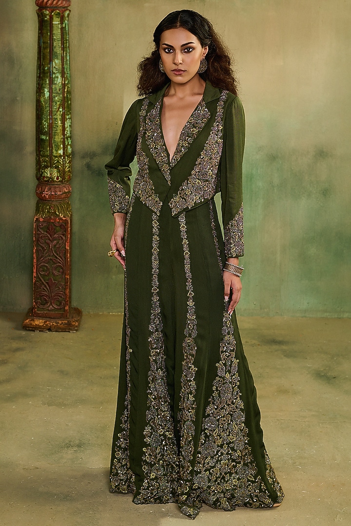 Mehendi Green Georgette Embroidered Bridal Sharara Set by Reeti Arneja at Pernia's Pop Up Shop