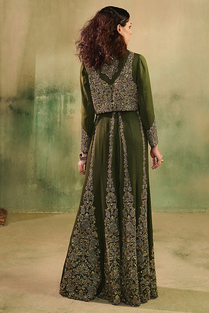 Mehendi Green Georgette Embroidered Paneled Bridal Sharara Set by Reeti Arneja at Pernia's Pop Up Shop