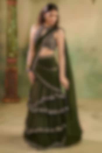 Mehendi Green Georgette Embroidered Layered Wedding Lehenga Set by Reeti Arneja at Pernia's Pop Up Shop