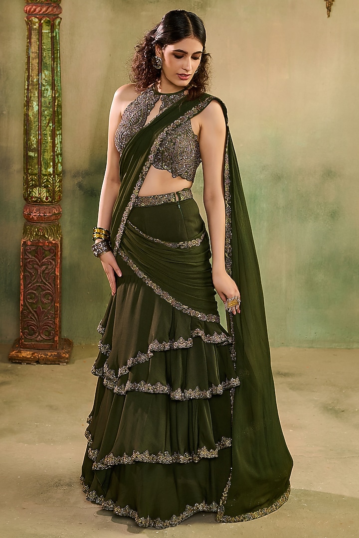 Mehendi Green Georgette Embroidered Layered Wedding Lehenga Set by Reeti Arneja at Pernia's Pop Up Shop
