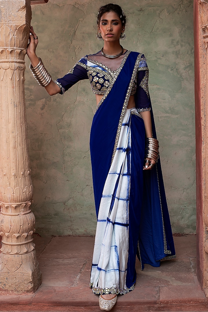 Cobalt Blue Pre-Stitched Saree Set by Reeti Arneja