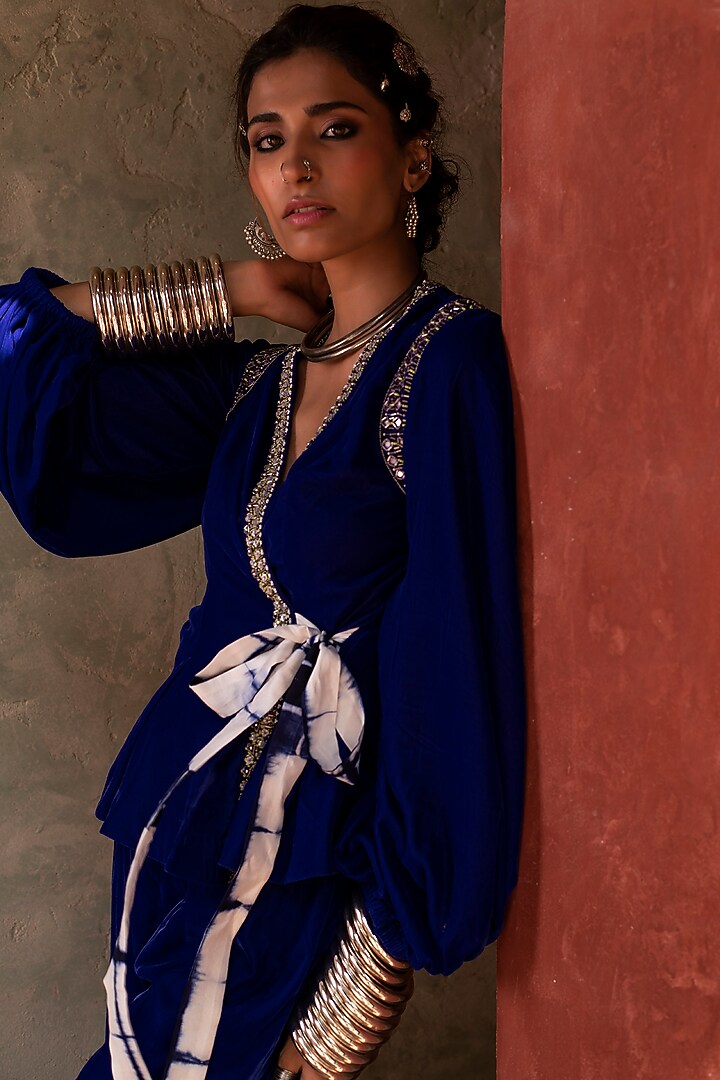 Cobalt Blue Tie- Knot Jacket Set by Reeti Arneja at Pernia's Pop Up Shop