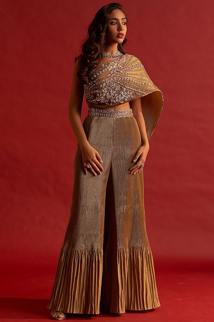 Copper Gold Pleated Silk Taffeta Patchwork Embroidered Jumpsuit by Reeti Arneja