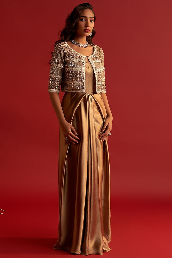 Copper Gold Silk Satin Draped Gown by Reeti Arneja at Pernia's Pop Up Shop