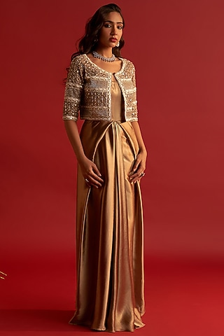 Copper Gold Silk Satin Draped Gown by Reeti Arneja