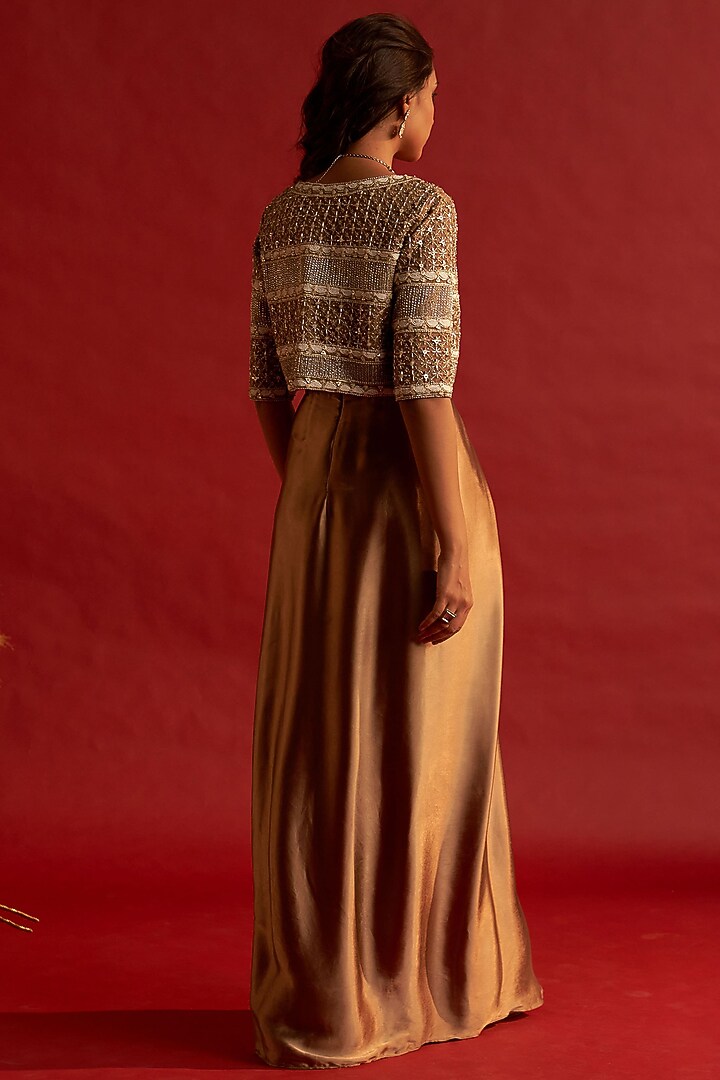 Copper Gold Silk Satin Draped Engagement Gown by Reeti Arneja at Pernia's Pop Up Shop