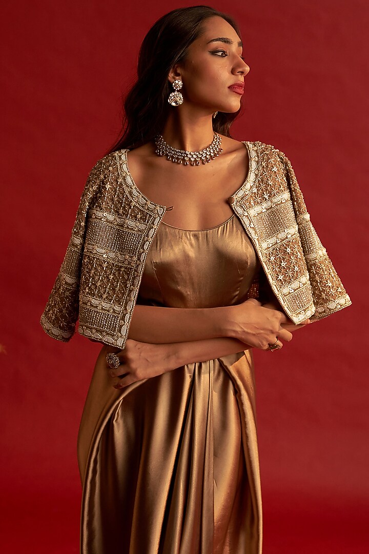 Copper Gold Silk Satin Draped Engagement Gown by Reeti Arneja at Pernia's Pop Up Shop