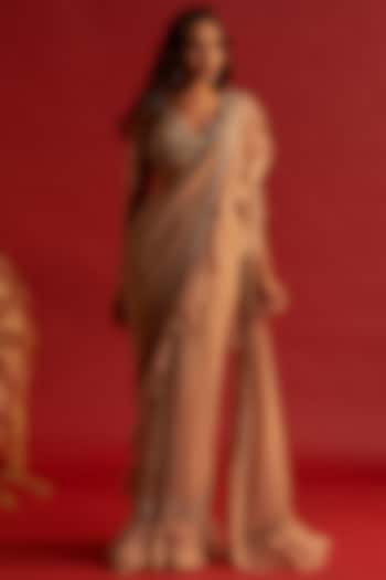 Golden Beige Georgette Embellished Pre-Stitched Ruffled Saree Set by Reeti Arneja