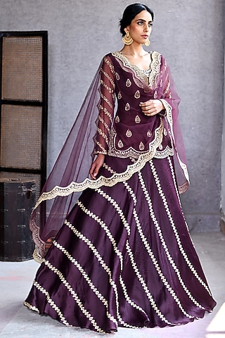 Wine Gota Embroidered Lehenga Set by Reeti Arneja