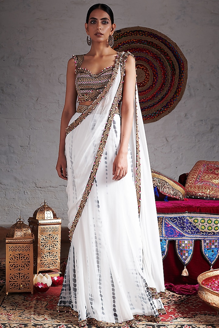 White Printed & Hand Embroidered Draped Saree Set by Reeti Arneja