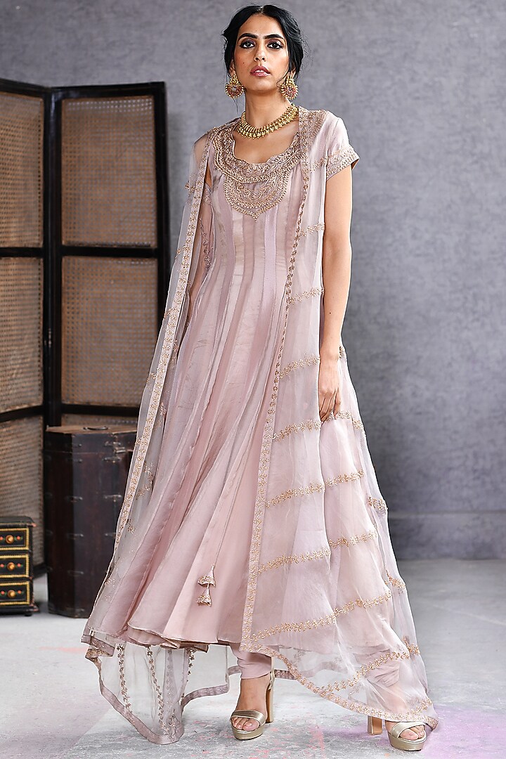 Nude Pink Machine & Hand Embroidered Wedding Anarkali Set by Reeti Arneja at Pernia's Pop Up Shop