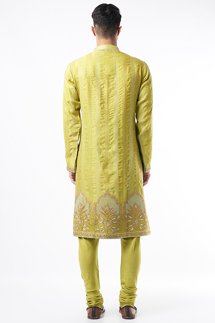 Lime Green Chanderi Handloom Dori Embroidered Kurta Set by Rar Studio Men at Pernia's Pop Up Shop