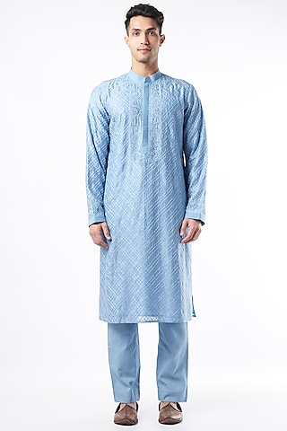Sky Blue Hand Embroidered Kurta Set by Rar Studio Men