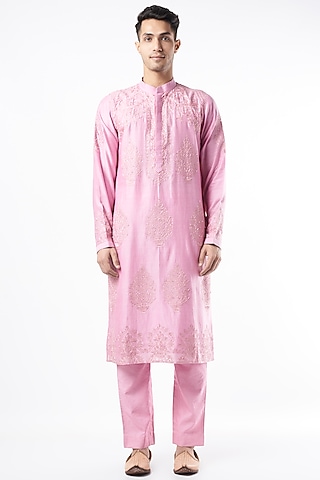 Powder Pink Hand Embroidered Kurta Set by Rar Studio Men