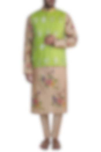 Lime Green Handloom Chanderi Embellished Bundi Jacket by Rar Studio Men at Pernia's Pop Up Shop