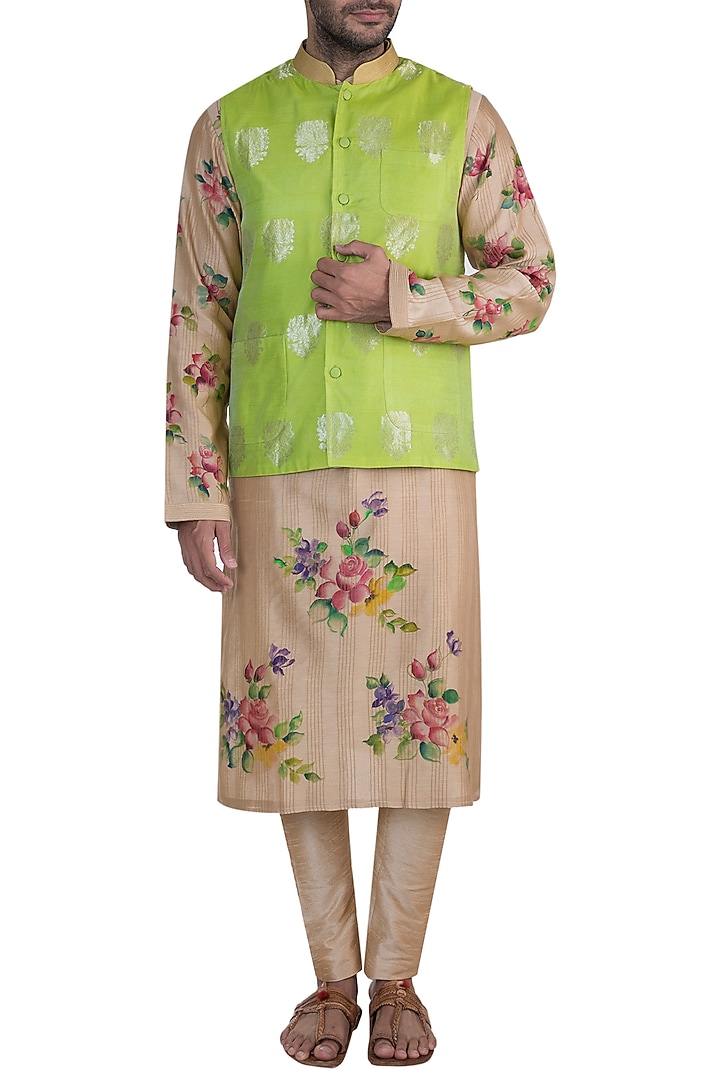 Lime Green Handloom Chanderi Embellished Bundi Jacket by Rar Studio Men at Pernia's Pop Up Shop