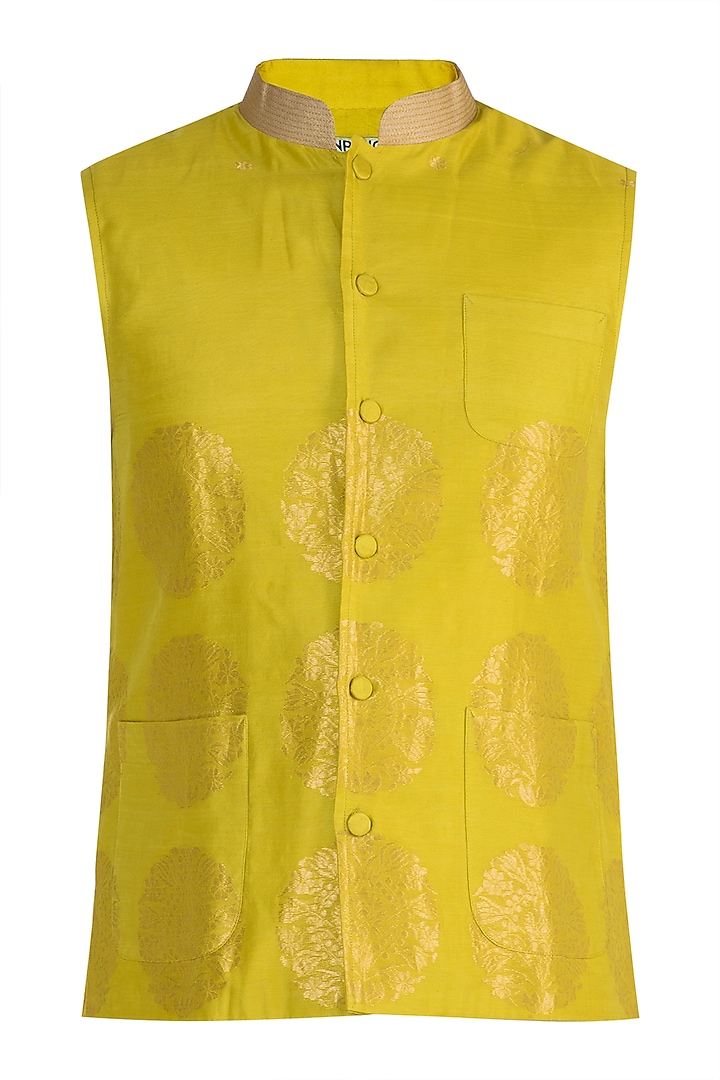 Mustard Handloom Chanderi Boota Embellished Bundi Jacket by Rar Studio Men at Pernia's Pop Up Shop