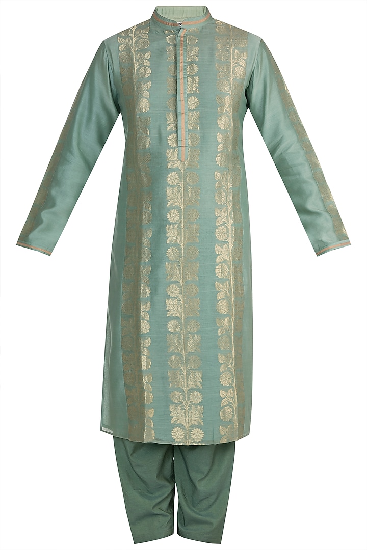 Moss Green Handloom Chanderi Handwoven Kurta Set by Rar Studio Men at Pernia's Pop Up Shop
