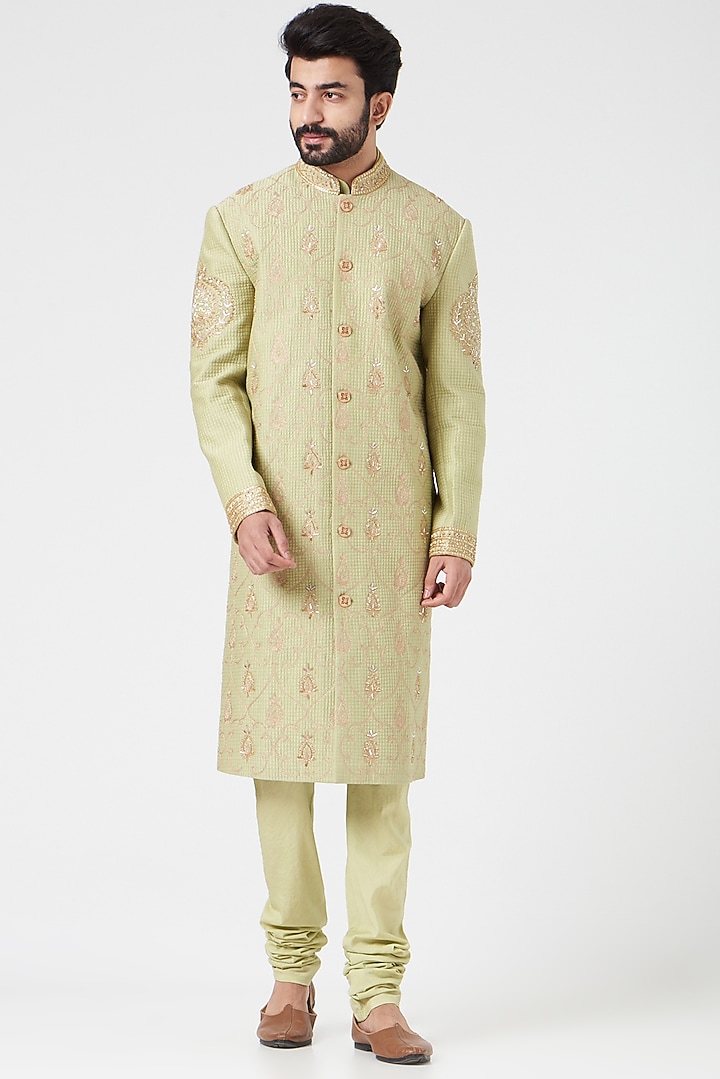 Mint Green Embroidered Groom Sherwani Set by Rar Studio Men at Pernia's Pop Up Shop